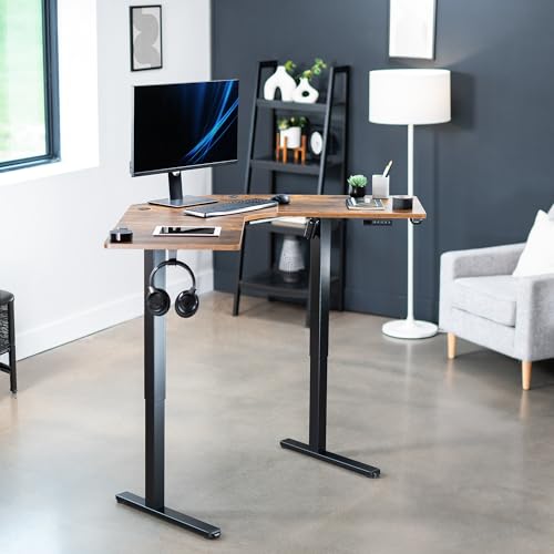 Image of VIVO Rustic Vintage Brown 47 x 47 in Corner Standing Desk, DESK-E1L94N | Electric, Holds 154 lbs, L-Shaped Table, Sit Stand, Height Adjustable, Memory Presets, Home Office, Black Frame