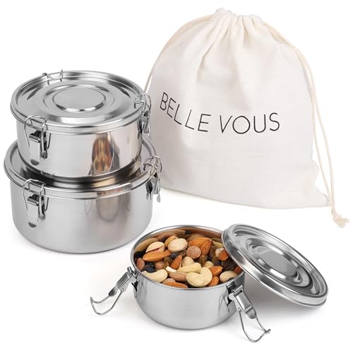 BELLE VOUS Lot de 3 Lunch Box en Acier Inoxydable avec Sac - Boite Alimentaire Inox Étanche - Collations - Fruits - Céréales - Soupes - Repas Complets -...
