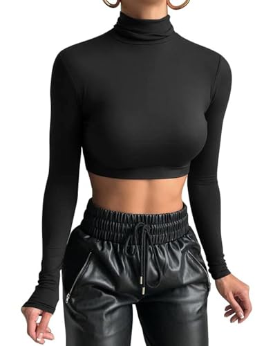 GEMBERA Women's Long Sleeve Turtleneck Crop Tops Fitted Basic T Shirt Top