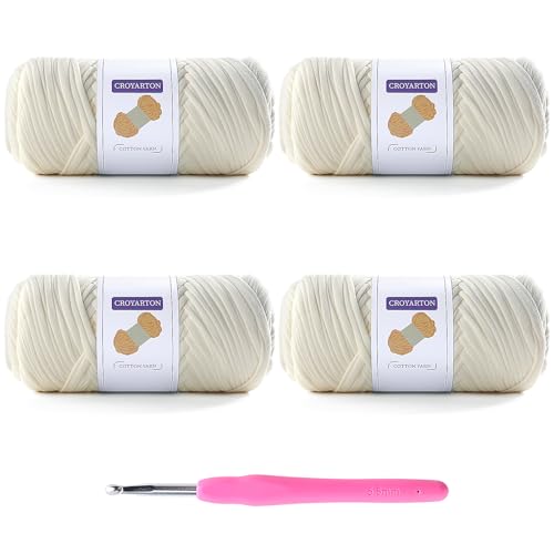 4 Pack Tshirt Yarn for Crocheting, Elastic T Shirt Spaghetti Thick Knitting Yarn Total Length 260 Yds for Crochet Bag Baskets Home Decor with 1 Crochet Hook (4-Cream)