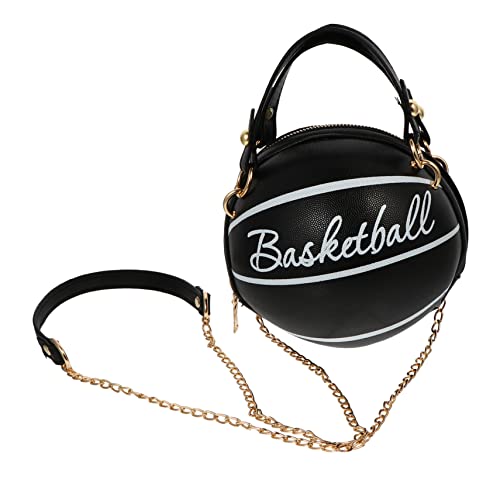 Basketball Shape Single-shoulder Bag Chain Pu Leather Small Round Bag Fashion Handbag for Women Girls Black, Black, 17X16CM