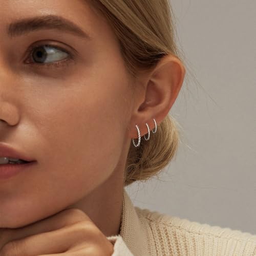 3 Pairs Gold/Silver Hoop Earrings Set for Women,Dainty Cubic Zirconia Hoop Earrings Women Stack Hypoallergenic Trendy Pack Jewelry3