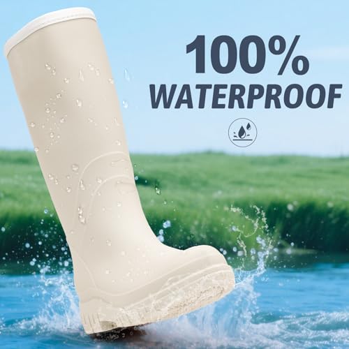 Image of rain boots women waterproof deck boots tall work boot comfortable Fishing boot lightweight chelsea bootie for Gardening Boating Camping Sailing white