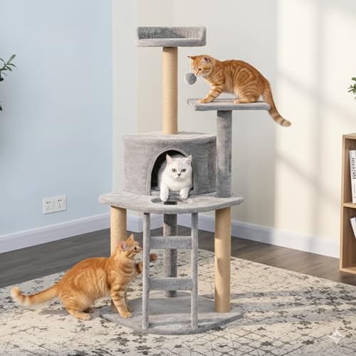 Image of Multi-Level Cat Tree Tower, 47 Inch Tall Green Plush Condo with Natural Jute Posts, Platforms, Perches, 19 Inch Base (FURR-49) (Grey)