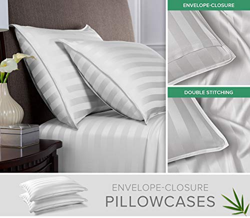 Image of Pure Bamboo Split King Sheets, Genuine 100% Organic Viscose Derived from Bamboo Bed Sheet Set, Soft & Cooling, Double Stitching, 2 Fitted Sheets (Split King, Jacquard White)