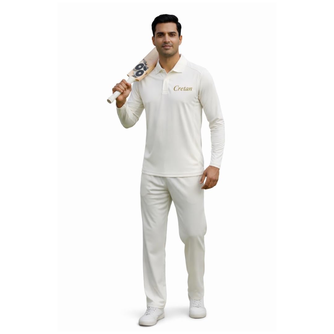 Cretan Full Sleeves Cricket Combo (White) – T-Shirt & Trouser for Matches, 100% Polyester, Drimaxx Moisture Management-image-1
