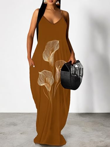 Image of Women Spaghetti Strap Maxi Dress with Pockets | Soft fabric relaxed fit sleeveless v neck with pockets for party and daily wear