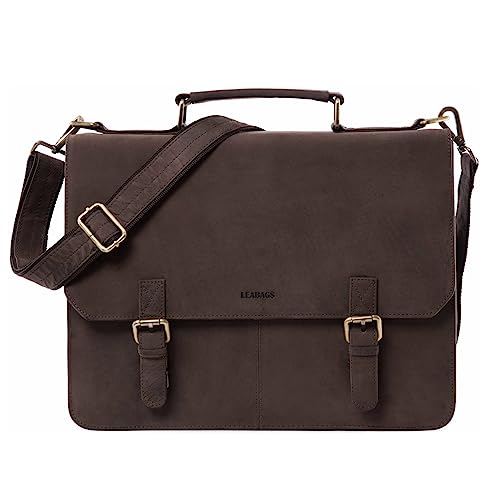 LEABAGS Borsa per documenti per uomo e donna | Custodia per laptop in vera pelle 15 pollici | Borsa con tracolla | Borsa messenger | Borsa da lavoro | Borsa per insegnanti | Vintage marrone-rosso