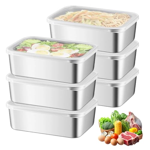 SUNOYA Juego con 6 fiambreras de acero inoxidable para frigorífico, caja de almacenamiento de alimentos con tapa, fiambreras frescas, modernas, 18,2 x 13 x 5,9 cm