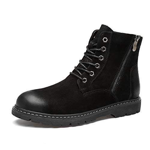 Hombres Botas de invierno europeo Botines for hombres Botas de Trabajo ata for arriba alrededor del dedo del pie de la cremallera lateral de cuero de vaca genuino top del alto talón con paspartú antid