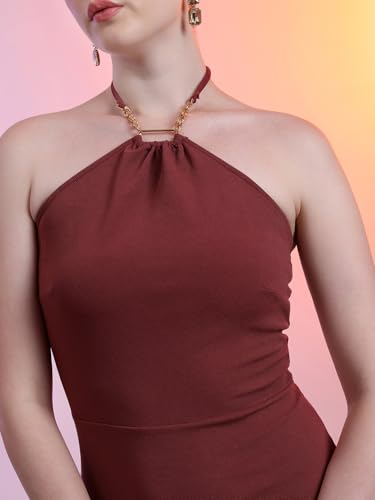 Image of Tokyo Talkies Women's Sleeveless Halter Neck Solid Dresses | Stylish Dresses | Party Dresses