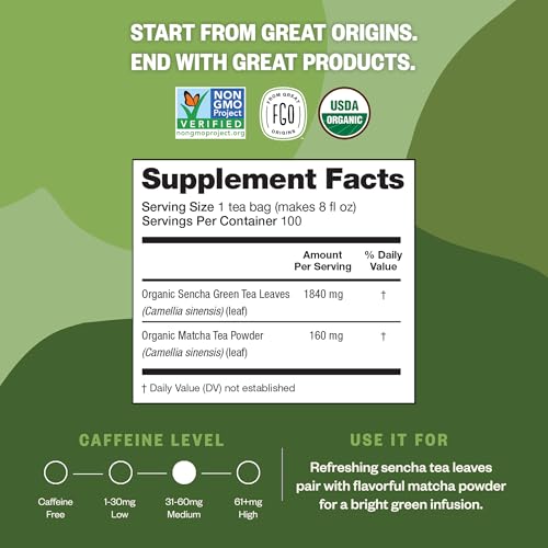 FGO Organic Japanese Matcha + Green Tea, 100 Count, Eco-Conscious Tea Bags, Resealable Bag, Packaging May Vary (Pack of 1)