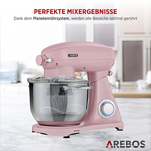 Arebos Retro Küchenmaschine 1800W Pink | Knetmaschine mit 6L Edelstahl-Rührschüssel | Geräuscharm | Küchenmixer mit… – Bild 5