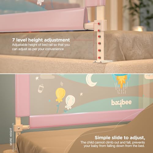 Image of BAYBEE Baby Bed Rail Guard (180x63cm), Bedrail for Baby Toddlers Safety, Portable Kids Bedrail Safeguard Fence with Adjustable Height | Foldable Single Side Bed Protector for Newborn Babies (Pink)