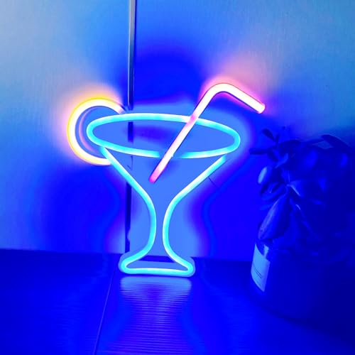 Image of Neon Cocktails Sign, LED Wine Glass Light - Dual Powered Bar Neon Night Lamp for Wall Decor, Club, Restaurant, Shop