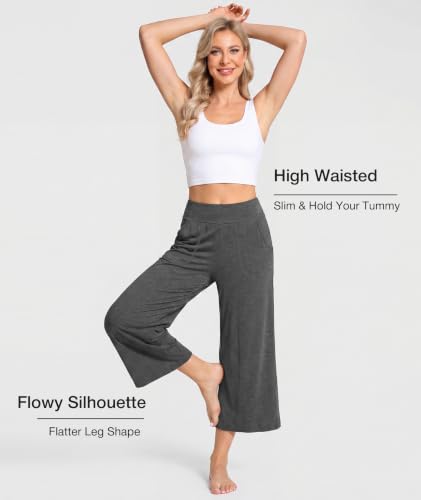 Image of GYS Bamboo Viscose Wide Leg Gaucho Cropped Pants, High Waist Capris Cloud-Soft Pajama Pants with Pockets, Flowy Yoga Pants