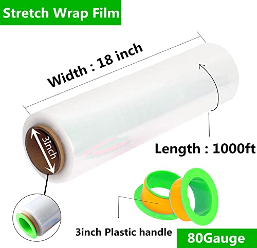 Image of 2-Pack Clear Stretch Wrap 18 inch x 1000 Feet 80 Gauge Industrial Strength with Plastic Handle, Plastic Pallet Supplies Durable Self-Adhering for Packing, Moving, Heavy Duty Shrink Film Rolls