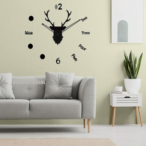 Image of cozyloom Deer Face Theme Wooden Wall Clock | Decorative Wall Decor for Living Room, Bedroom, Office & Home | Black Colour.