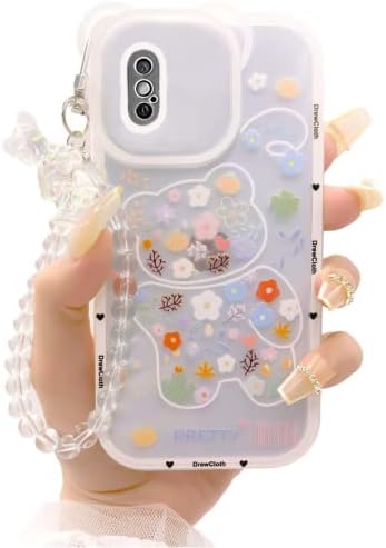DrewCloth Kawaii Phone Case for iPhone X/XS with Cute Teddy Bear Wrist Strap Bracelet Chain & Aesthetic Flower Love Heart Floral Pretty Lovely Adorable Phone Cases Design for Girl Women - Colorful
