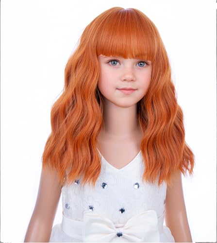 Image of PATTNIUM Kids Orange Wig Child Ginger Wig with Bangs Short Wavy Auburn Wigs for Girls Shoulder Length Heat Resistant Synthetic Wigs