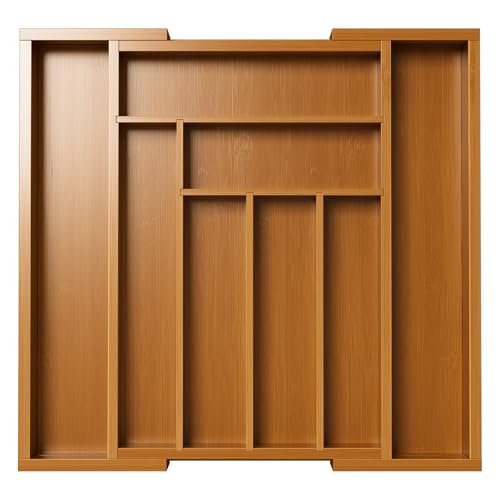 Pipishell Bamboo Expandable Drawer Organizer for Utensils Holder, Adjustable Silverware Organizer Cutlery Tray, Drawer Dividers for Utensils, Flatware, Knives in Kitchen, Bedroom, Living Room(M-Brown)