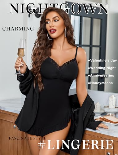 Image of Avidlove Lingerie for Women Sexy Nightgown Modal Nightwear Side Slit Babydoll Chemise Spaghetti Strap nighties