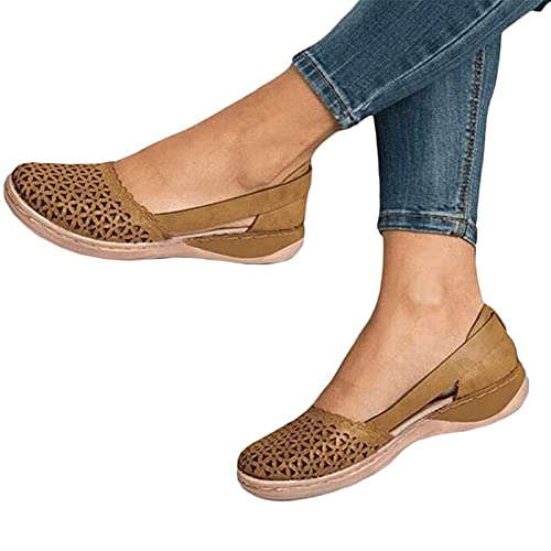 Sandalias para Mujer Casual Verano Hueco Punta Cerrada Sandalia Plana Resbalón en Sandalias Transpirables Mocasines Cómodos Zapatos para Caminar por La Playa,Marrón,US9/EU40