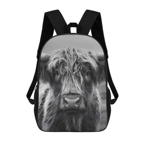 Black And White Highland Cow Classic 17 Inch Backpack Travel Daypack Casual Shoulder Bag with Adjustable Strap for Men Women