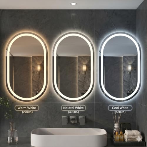 Image of 24 x 18 Inch Capsule LED Bathroom Mirror with Front-Lit Vanity Lights | Memory Function | Touch Sensor | 3 Color Dimmable Adjustable Brightness | Premium LED Lighted Mirror for Wall