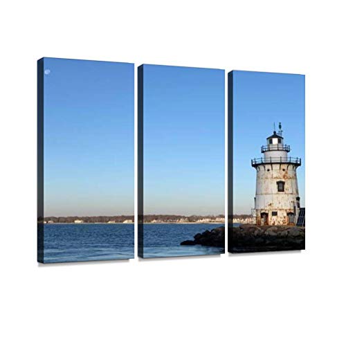 HABEN ARTWORK Old Saybrook Outer Lighthouse in Morning Moonrise Lighthouse Print On Canvas Wall Artwork Modern Photography Home Decor Unique Pattern Stretched and Framed 3 Piece
