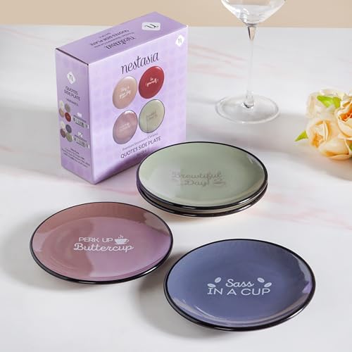 Image of Nestasia Ceramic Round Snack Plate Set of 4 (15cm Each) - Inspiring Quotes Embossed Small Plates for Serving Snacks & Desserts | Microwave & Dishwasher Safe (Beige, Grey, Brown & Sage Green)
