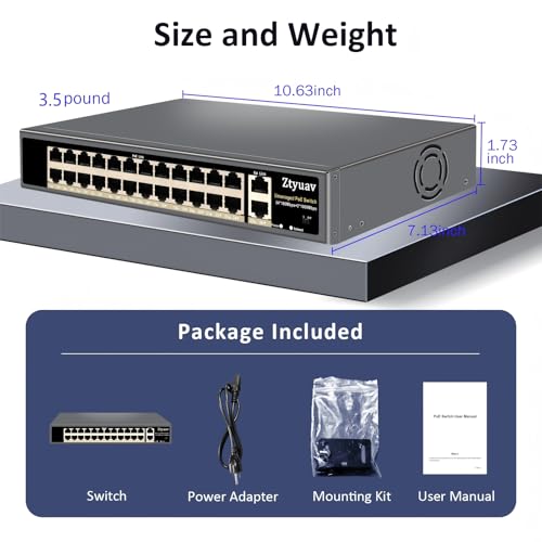 Image of 26-Port Unmanaged PoE Switch with 24 PoE+ Ports @400W 10 /100Mbps and 2 Gigabit Uplink Ports, IEEE802.3af /at, PoE Watchdog, VLAN Mode, Extend to 250m, Built-in Cooling Fan, Metal Plug & Play