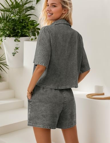 Zilcremo Womens 2 Piece Outfits Summer Denim Sets Short Sleeve Button Down Crop Jean Shirts High Waist Denim Shorts Sets3