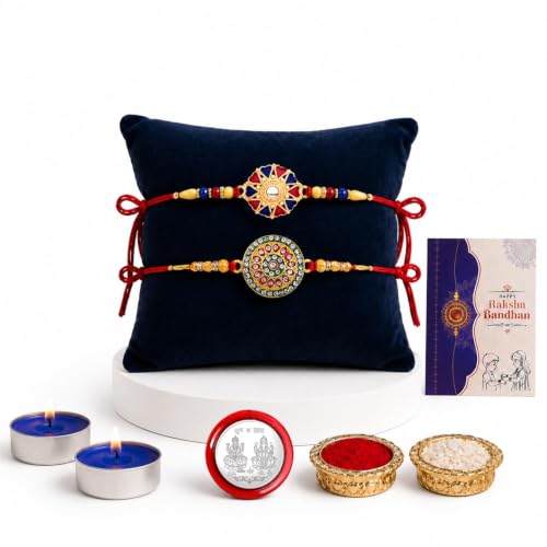 Image of DeoDap Rakhi with Tealight Candle for Brother - Multicolour Round Shape Rakhi 2 Pc with Tealight Candle 2 Pc, Silver Color Coin, Roli Chawal and Greeting Card - Raksha Bandhan Combo for Bhai (Pack of 7)