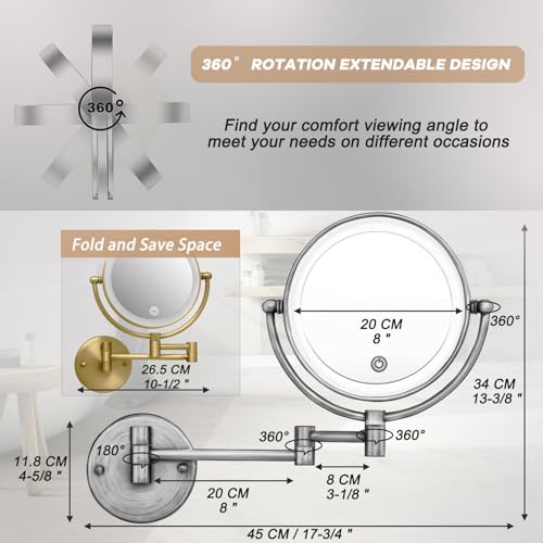 LEDOOLE Wall Mounted Makeup Mirror with Lights, 1/10X Double Sided Rechargeable Led Wall Magnifying for Bathroom, 8” Lighted Mountable Vanity Arm Extendable Shaving Antique Brass - Image 8