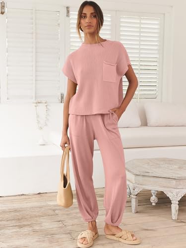 Image of ANRABESS Women's Two Piece Outfits Sweater Sets Knit Pullover Tops and High Waisted Pants Tracksuit Lounge Sets