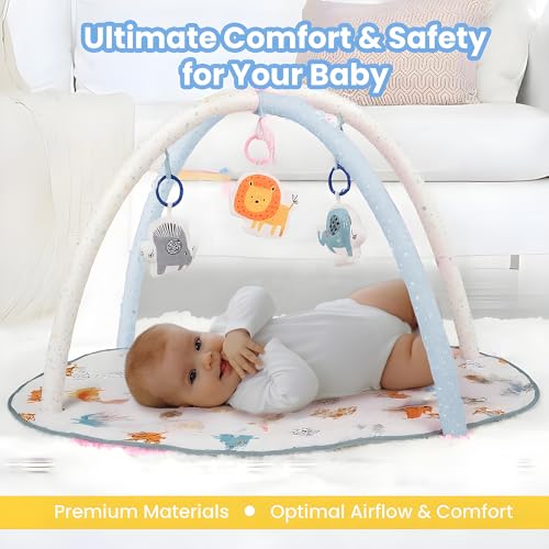 Image of Baby Playgym for Babies | Activity Play Gym Mat with 5 Hanging Toys|Foldable&Durable Cotton Play Mat|Baby Crawling Mats for Floor for 0 to 24 Months (Jungle) - White