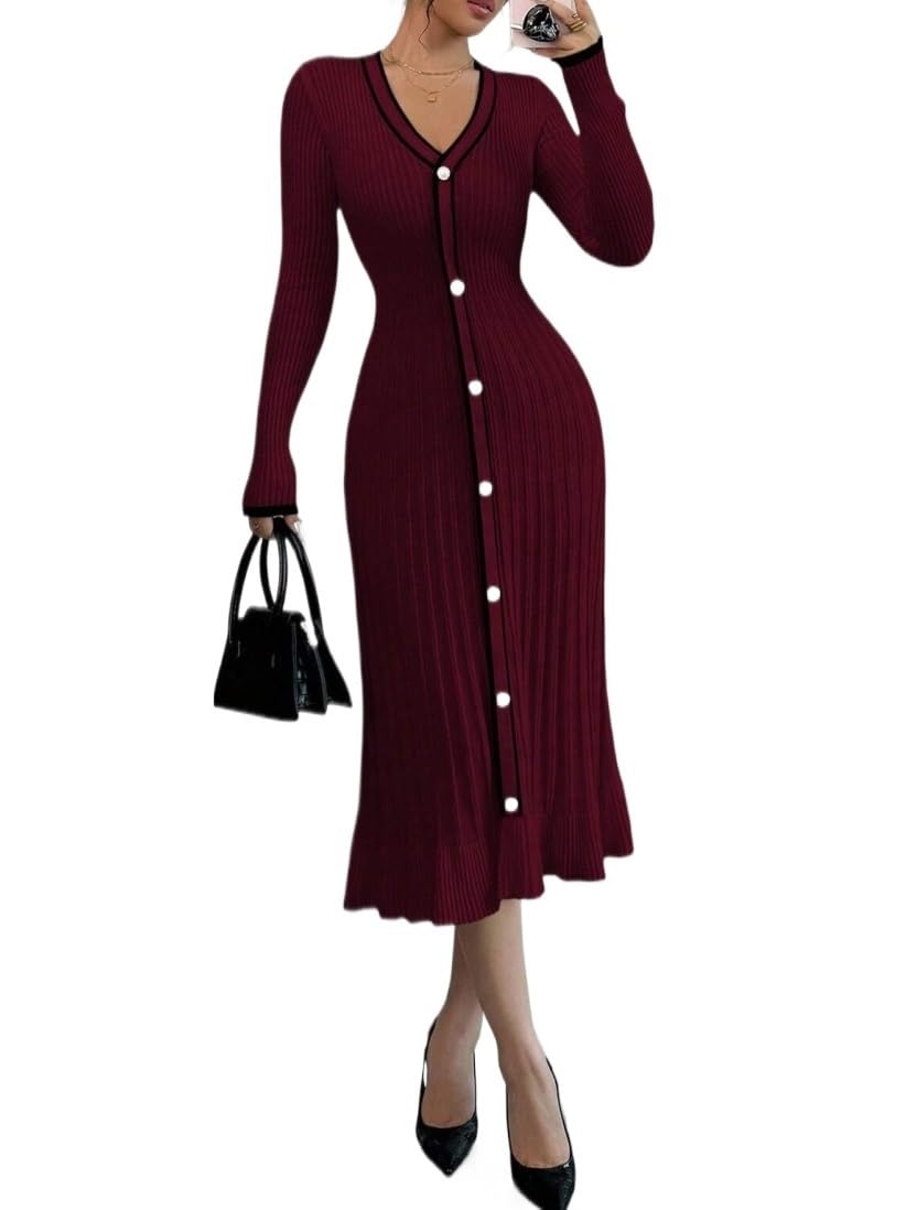 Casual Fall Long Sleeve Sweater Dress for Women V-Neck Single-Breasted Fitted Elegant Dresses Winter Cloth