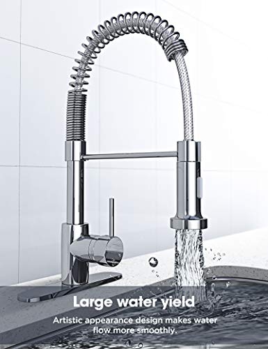 Deeroll Kitchen Faucet, Low Lead Commercial Solid Brass Single Handle Single Lever Pull Down Sprayer Flexible Spring Kitchen Sink Faucet with Deck Plate - Thumbnail 5