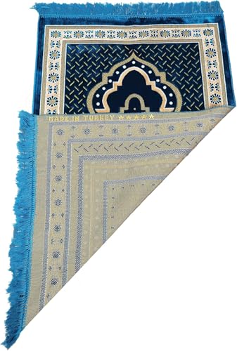 TB Muslim Prayer Rug Islamic, Soft Velvet Mat Ramadan Gift, with Prayer Bead Unique Decoration Gilded Gold-Like Embroidered for Women Man Kids Meditation Turkish African (Blue)