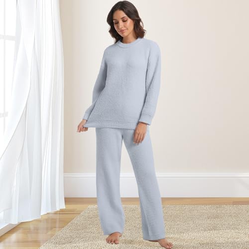Image of BOSECETA 2 Piece Fleece Pajamas for Women Set Loungewear Outfits Knit Sweater Womens Long Sleeve Fuzzy Pajama Sets