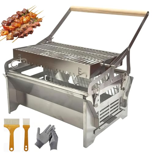 Parrilla de barbacoa giratoria de 360°, parrilla portátil de carbón de acero inoxidable, giro de doble cara con cepillos y guantes, perfecta para fiestas en el patio al aire libre y camping