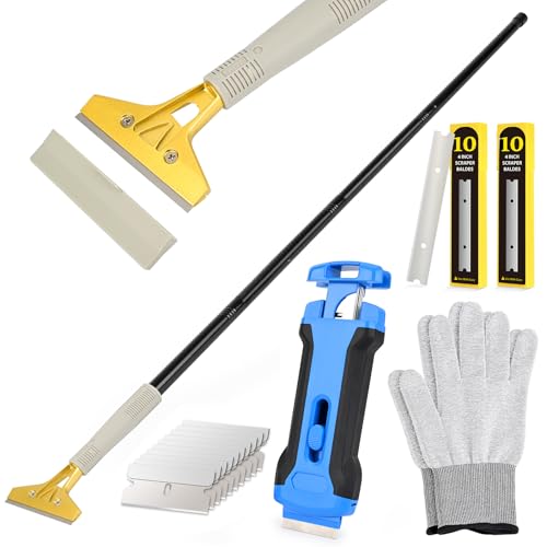 EHDIS Tapetenentferner Kit - Fensterschaber mit Teleskopstiel (120cm), Glasschaber (Klingen im Griff), 30 Ersatzklingen und Handschuhe, zum Entfernen von Tapeten und Bodenfliesen-Kleber, Farbe