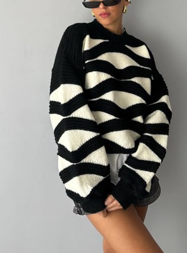 CHARTOU Women Fall Winter Color Block Stripes Sweater Oversized Long Sleeve Cropped Knit Pullover Sweatshirt Outfits3
