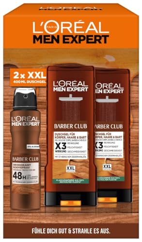 LOréal Men Expert Barber-Geschenk-Set für Männer mit XXL Duschgel und Deo Spray Mit ätherischem Zedernholzöl Herren Geschenkset Barber Club 2 x 400 ml 1 x 150 ml