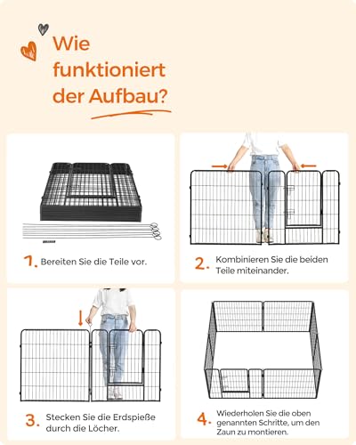 Feandrea Freilaufgehege, Laufstall DIY, mit 8 Gitterplatten je 77 x 80 cm, 2 L-förmige Riegel, transportabel, für innen und außen, extra große Haustiere ohne Halsband, schwarz PPK88H