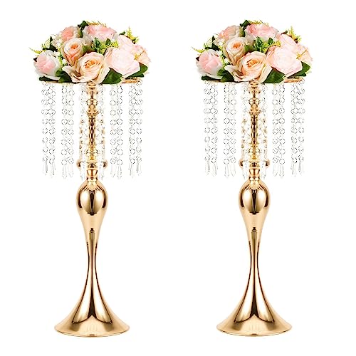 Metal Wedding Centerpieces for Table, Crystal Flower Stands, Wedding Road Lead Flower Holders, Crystal Mermaid Chandelier Flower Vases for Birthday Party Event Wedding Home Decor (Gold, 21.3
