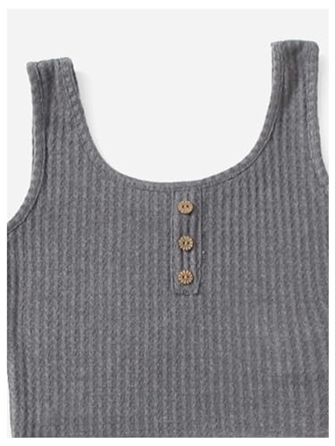 Image of RoseSeek Girl's 2 Piece Outfits Waffle Knit Scoop Neck Button Down Crop Tank Tops Paperbag Waist Track Shorts