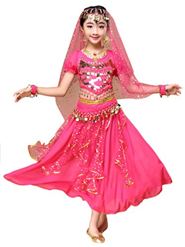 Ketamyy Filles Printemps Et Été Jupe Danse du Ventre Enfants Danse Indienne Vêtements Deux Pièces avec Accessoires Rose Rouge M