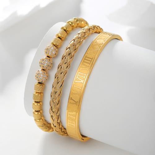 18K Gold Plated Stainless Steel Bracelets for Men - Roman Numeral Bracelet Luxury Crown King Twisted Cuff Cable Bangle Bracelets Set3